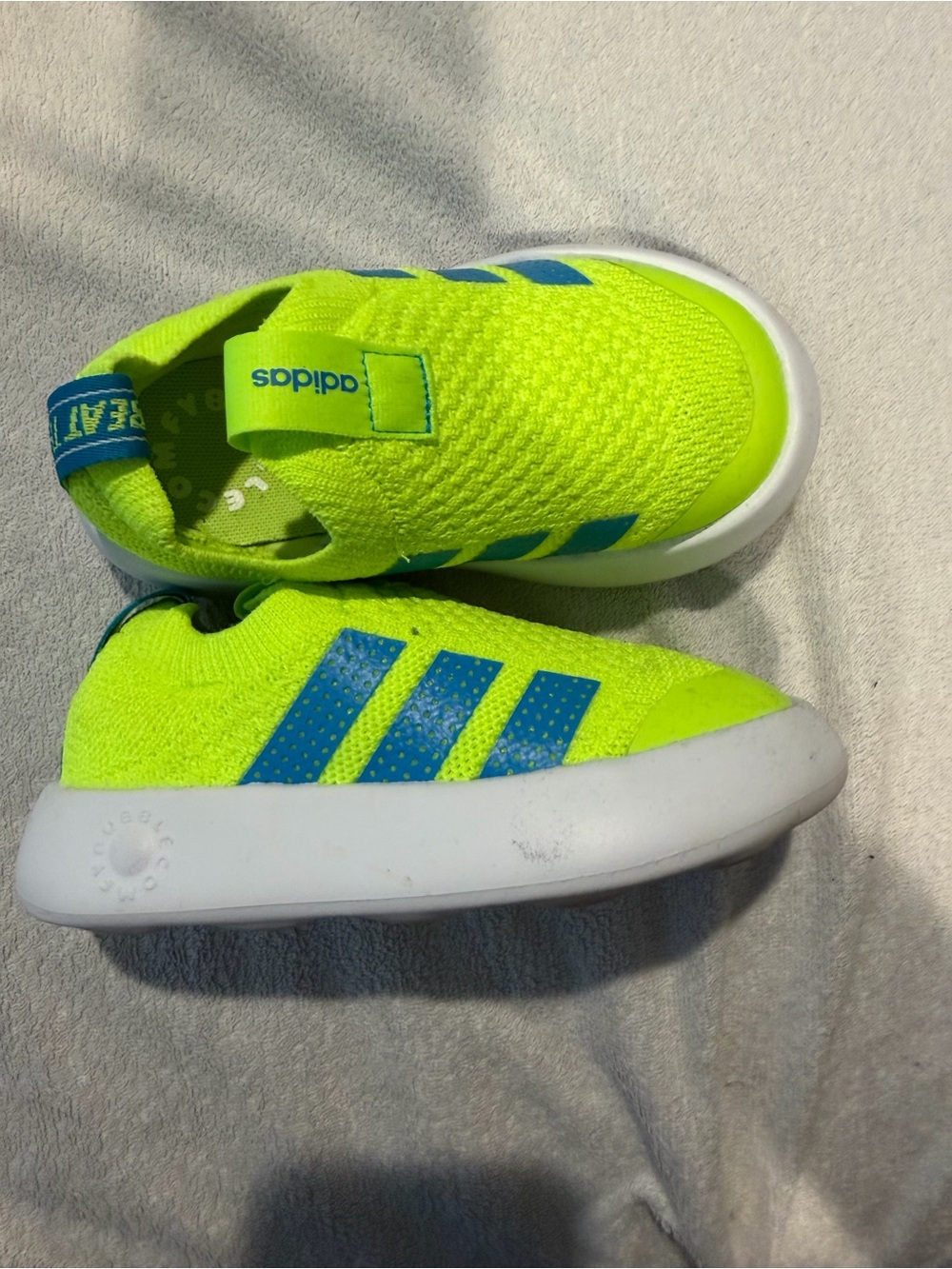 adidas Neon Yellow Kids Slip-On Sneakers with Blue Stripes
